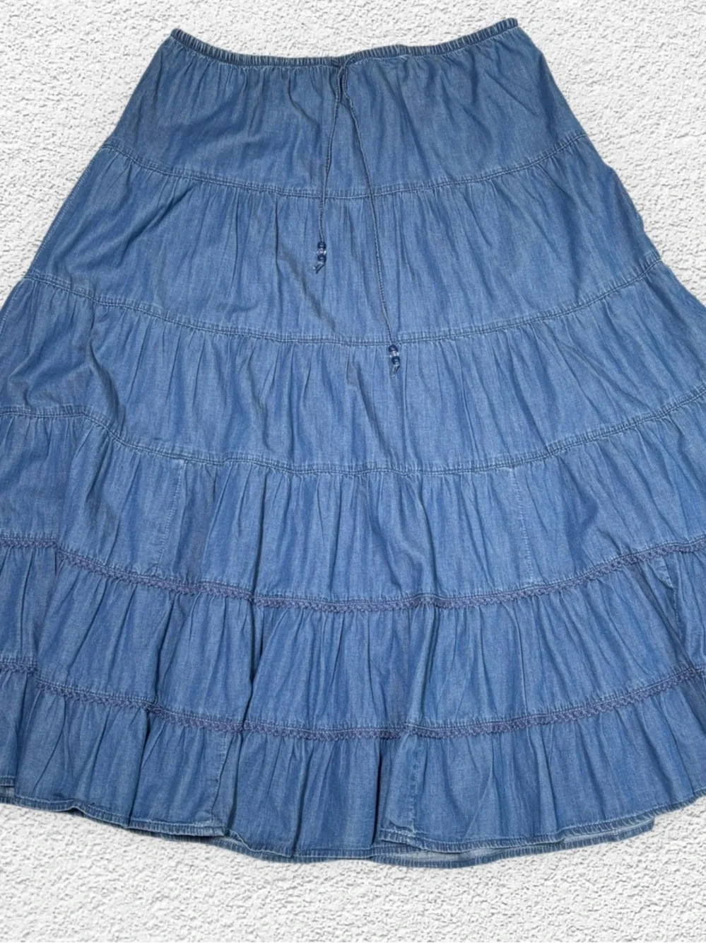 VTG White Stag Chambray Denim Tiered Maxi Skirt L Pull On Prairie Cottagecore - Picture 4 of 9